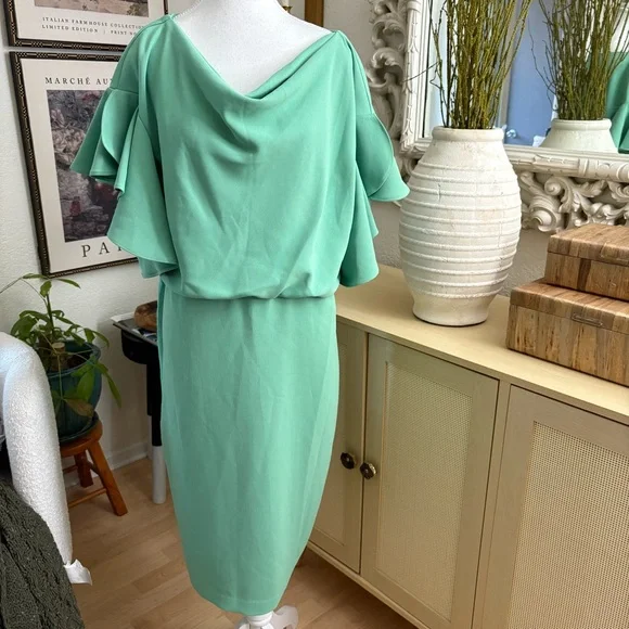 BADGLEY MISCHKA Green Blouson Sheath Dress Drapey Sleeves Cow Neck Size 16 NWOT‎ - Picture 4 of 12